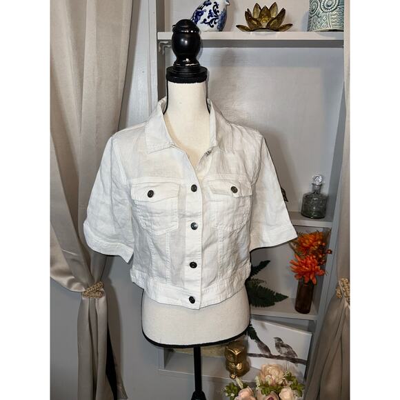 NWT Nicole Miller 100% Machine Washable Linen Medium Short Sleeve Button Top - Picture 1 of 11